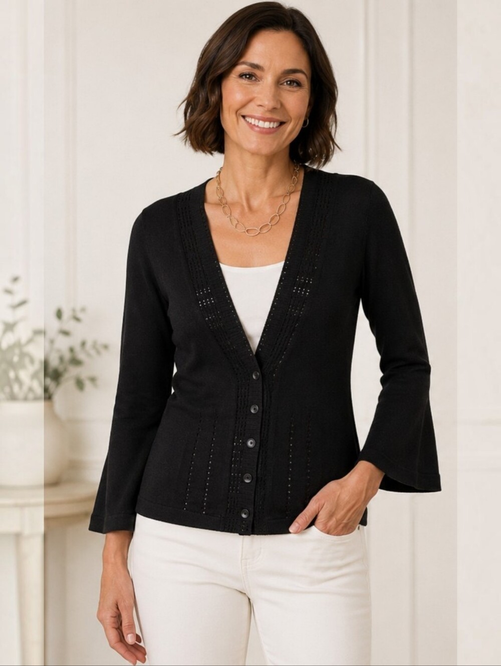 Talbots Petites Black Pointelle/Lace Trim Button-Down Cardigan Med Pet
